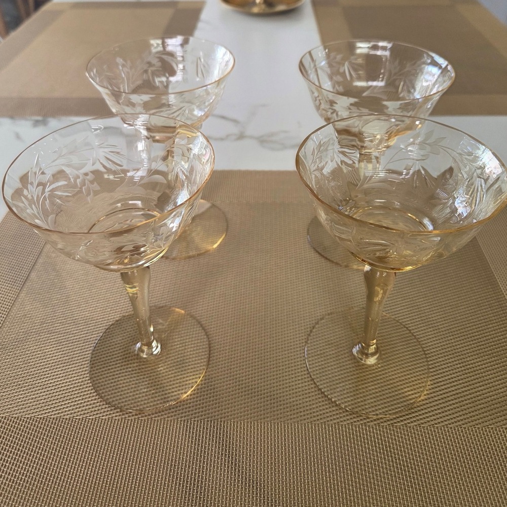 Set of 4 Art Deco Etched Crystal Yellow Etched Champagne Glasses Waterfall Stem